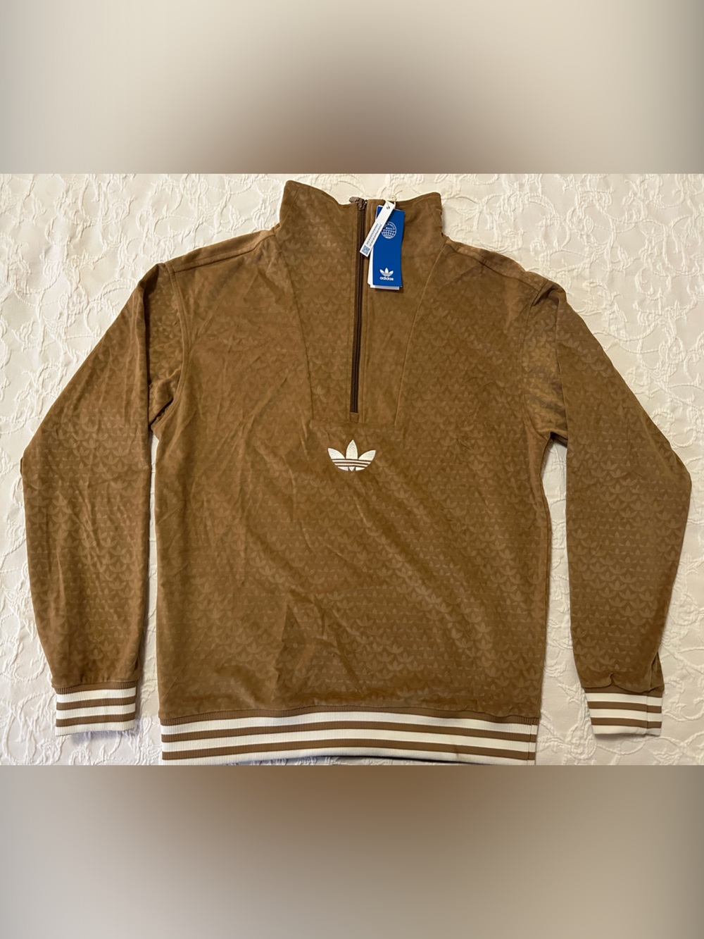 adidas Brown Velour Trefoil Half-Zip Track Pullover with Striped Cuffs